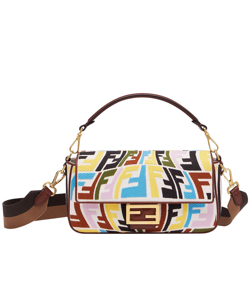 Fendi Medium Baguette FF Canvas Embroidery Shoulder Bag Multicolor/Grey